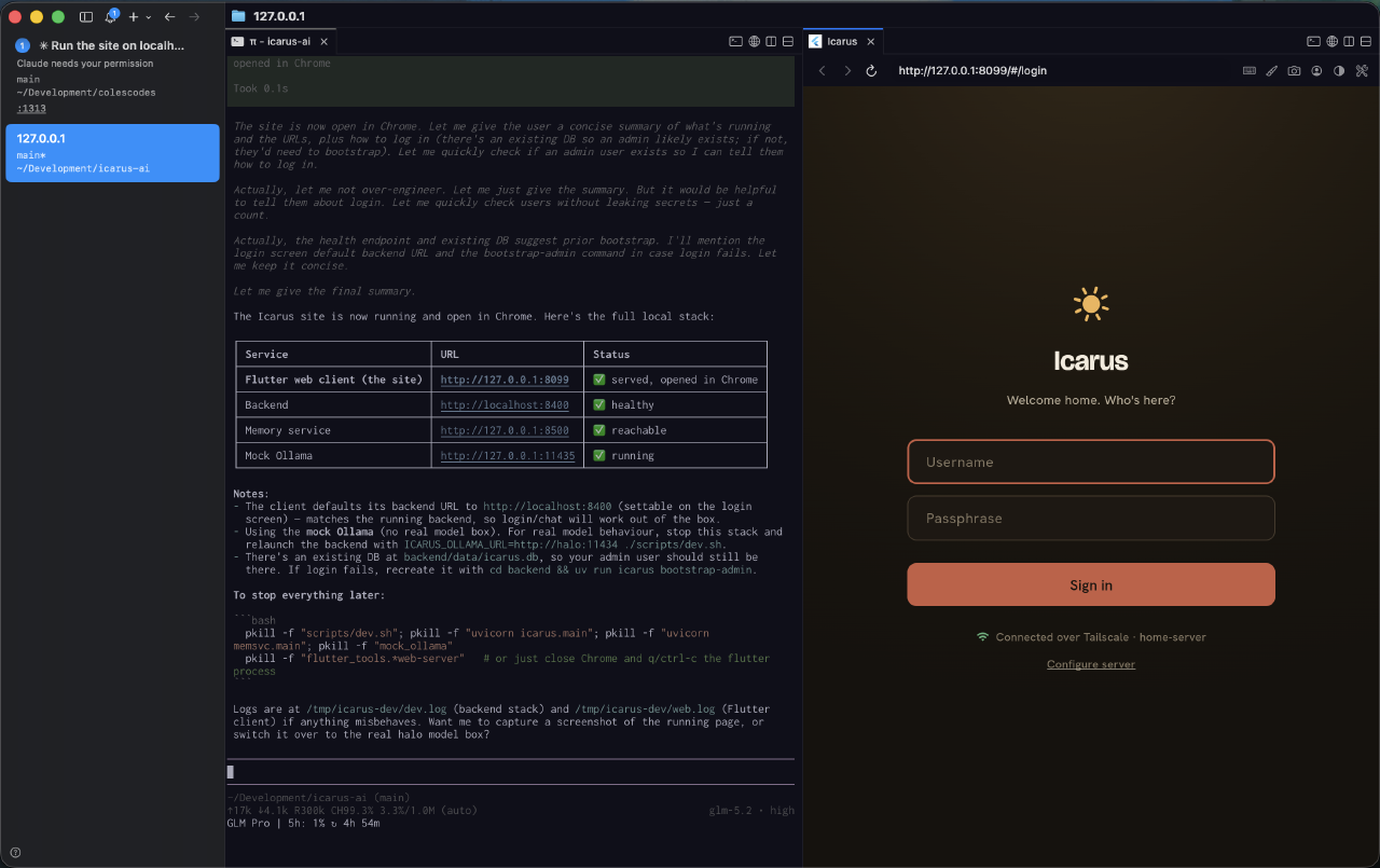 The Icarus login page in cmuxs native WebKit browser at port 8099. It looks crisp and uses native controls.
