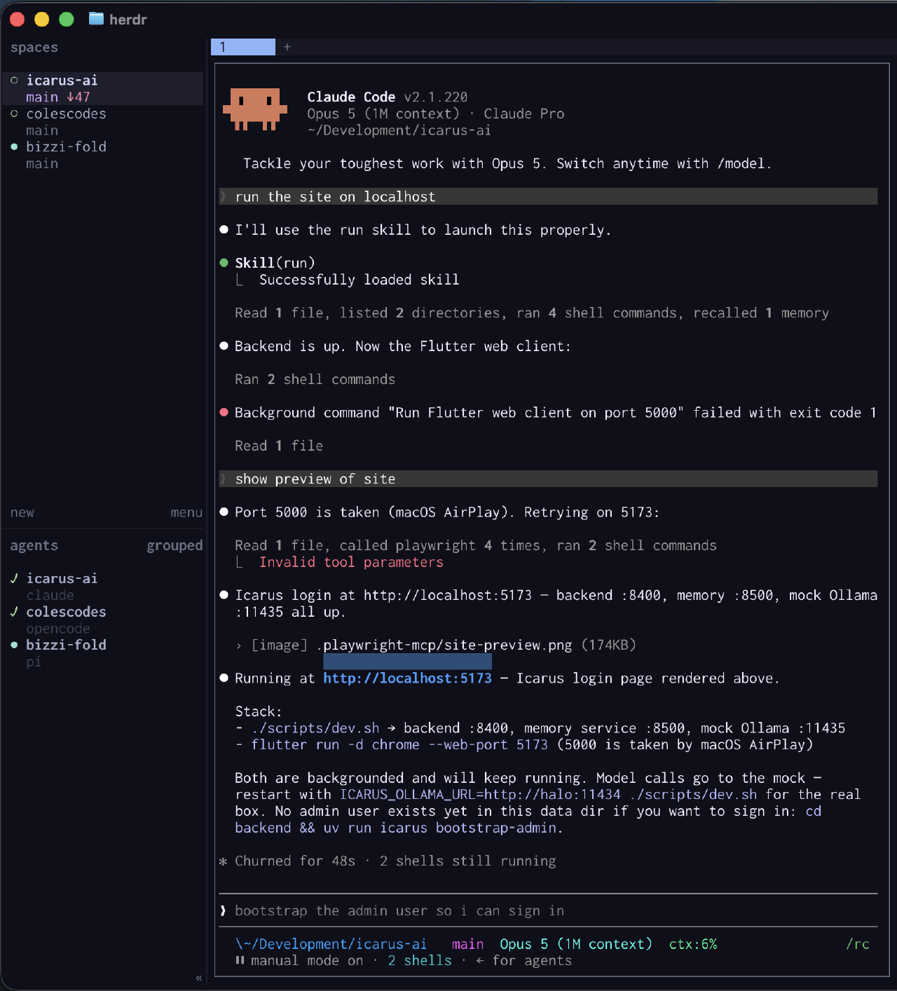 The herdr sidebar showing three live workspaces at different agent states. The terminal records a failed start on port 5000 and a bad Playwright call. The retry on 5173 succeeds.
