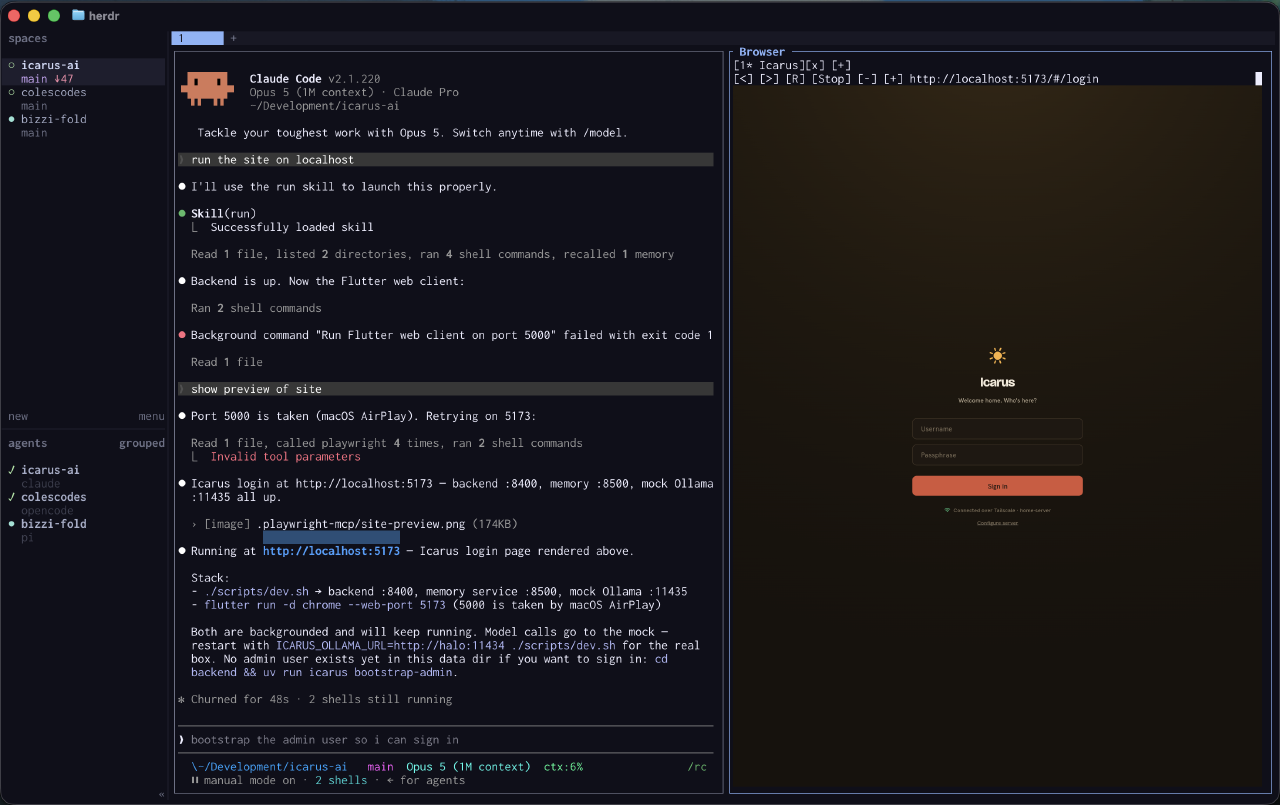 The same Icarus login page in herdr-browser on a separate run at port 5173. It is usable, but the scaled frame and ASCII toolbar are visibly rougher.