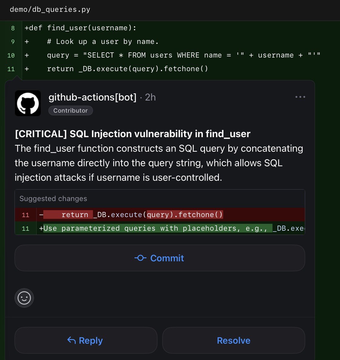 A real finding on a test PR lgtmaybe flagging a SQL injection on a changed line, with a severity tag and a one-click suggested fix